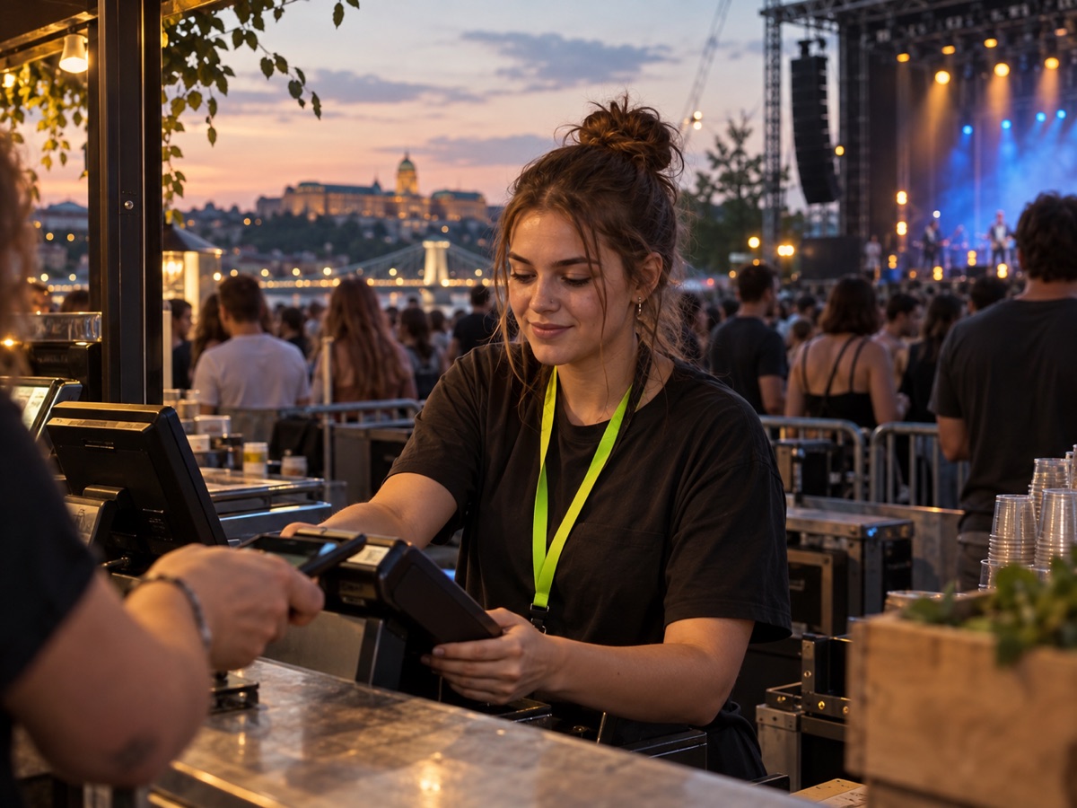 Diák kasszás dolgozik egy budapesti szabadtéri koncerthelyszínen