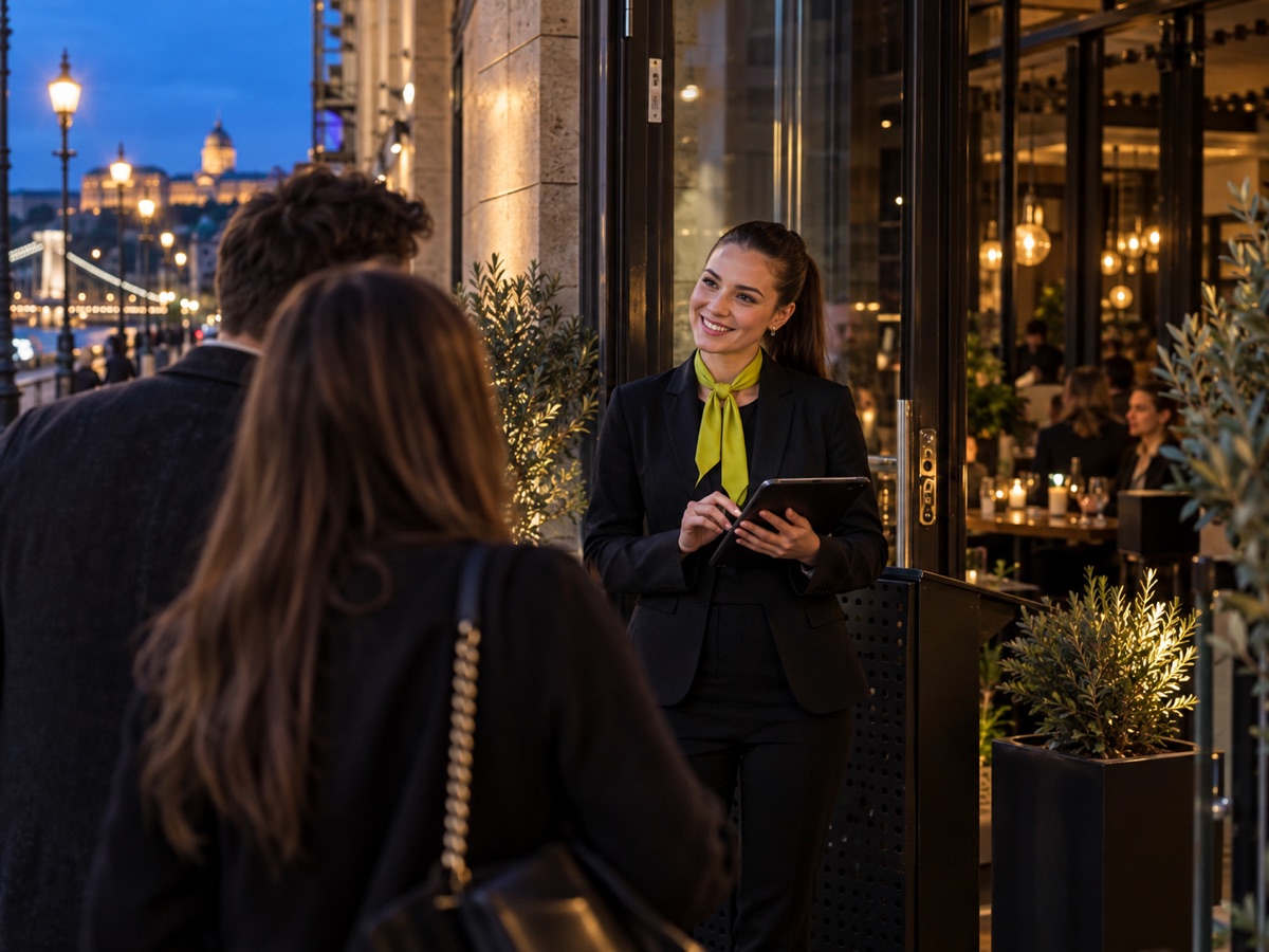 Diák hostess fogad vendégeket egy budapesti étteremnél